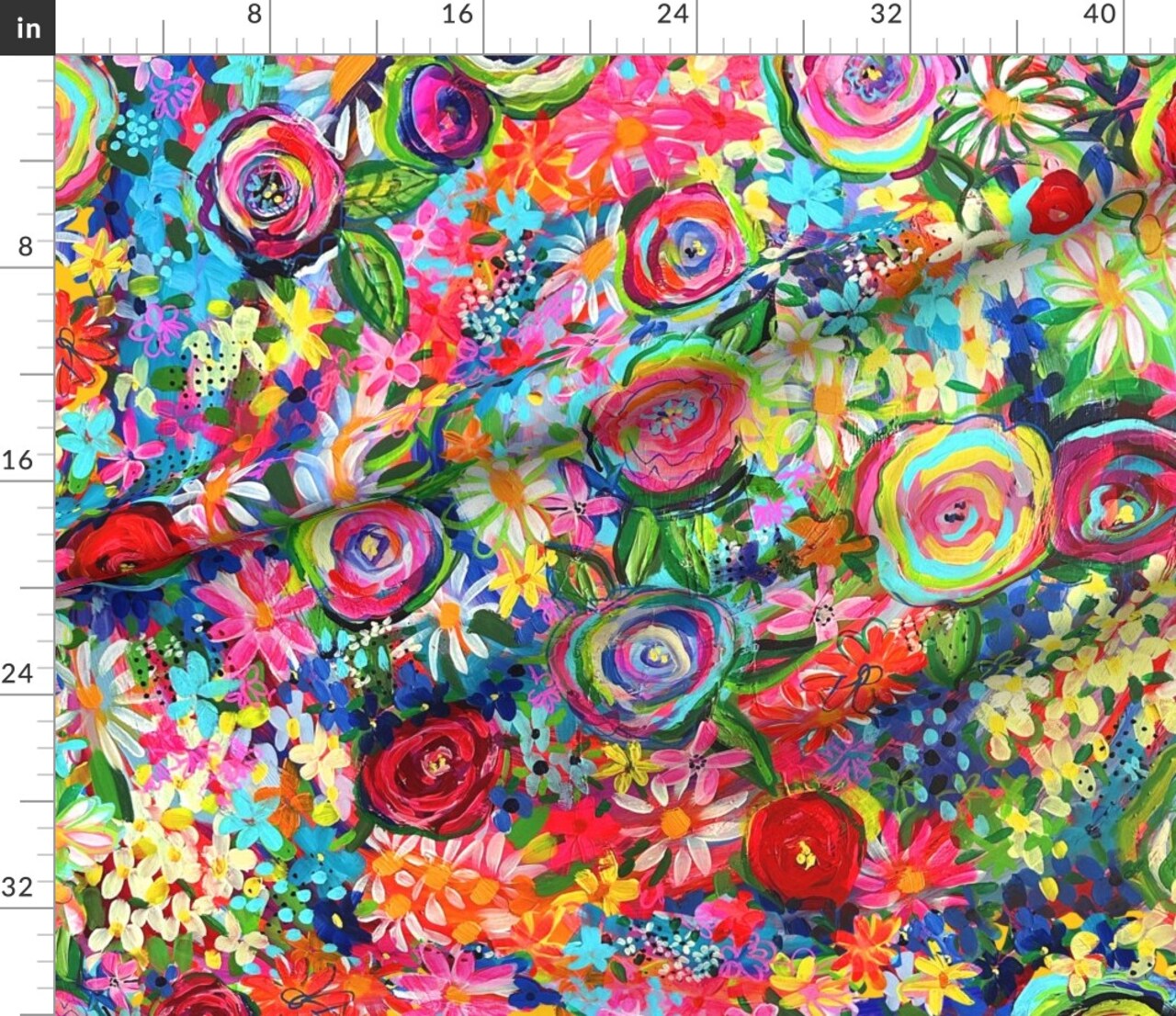 Bohemian Bright Flora Eclectic Hand Painted Flower Garden Summer Spring Colorful Rose Dots Bold Floral Painting Texture Funky Unique Abstract Custom Printed Fabric by Spoonflower Various Fabrics by the Yard or Fat Quarter